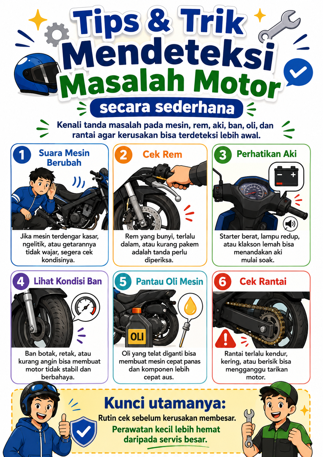 Kenali tanda kerusakan motor dari mesin, rem, aki, dan ban agar masalah bisa terdeteksi lebih awal sebelum biaya servis membesar.