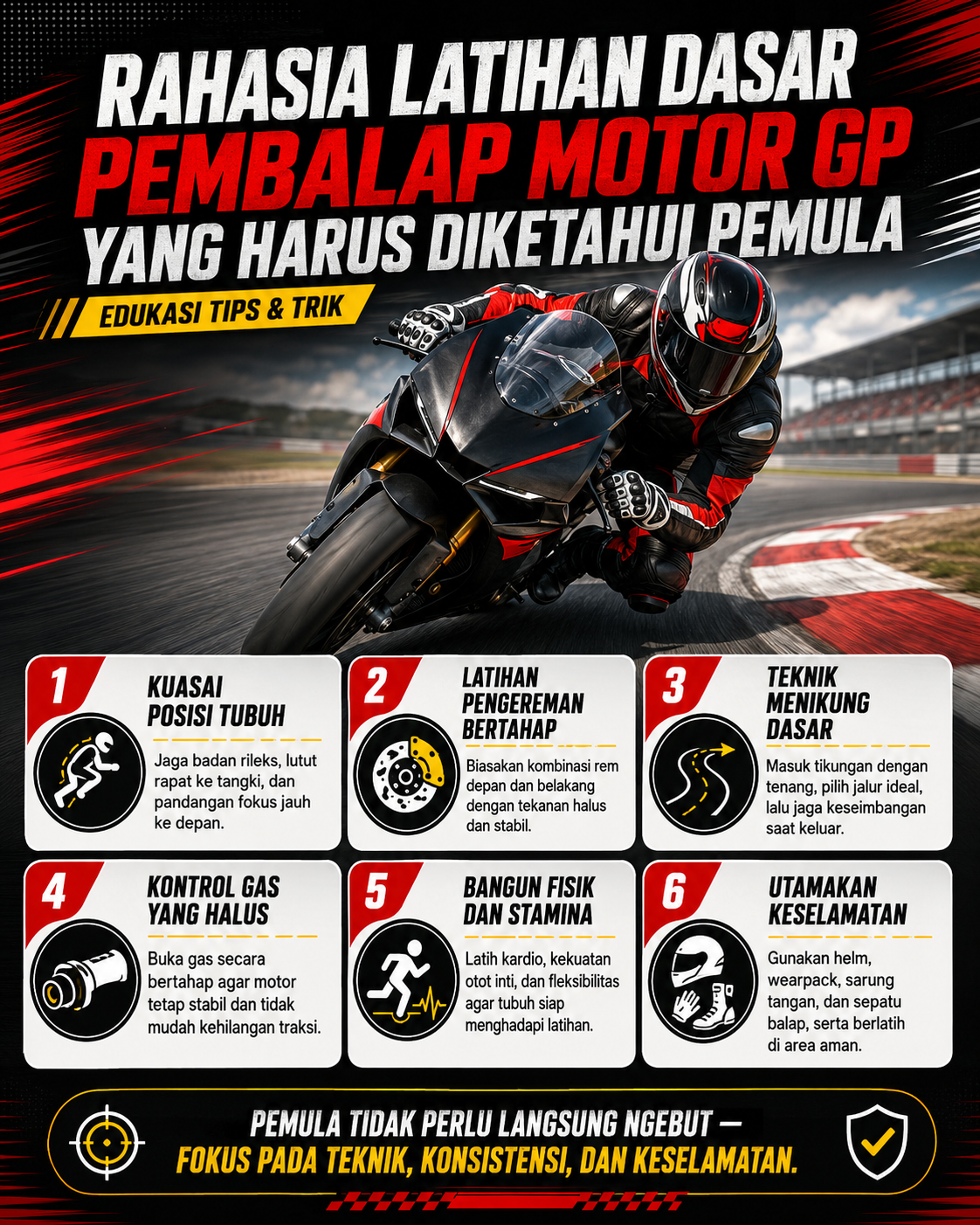 Pelajari rahasia latihan dasar pembalap Motor GP untuk pemula, mulai dari fisik, teknik berkendara, fokus, hingga mental balap yang kuat.