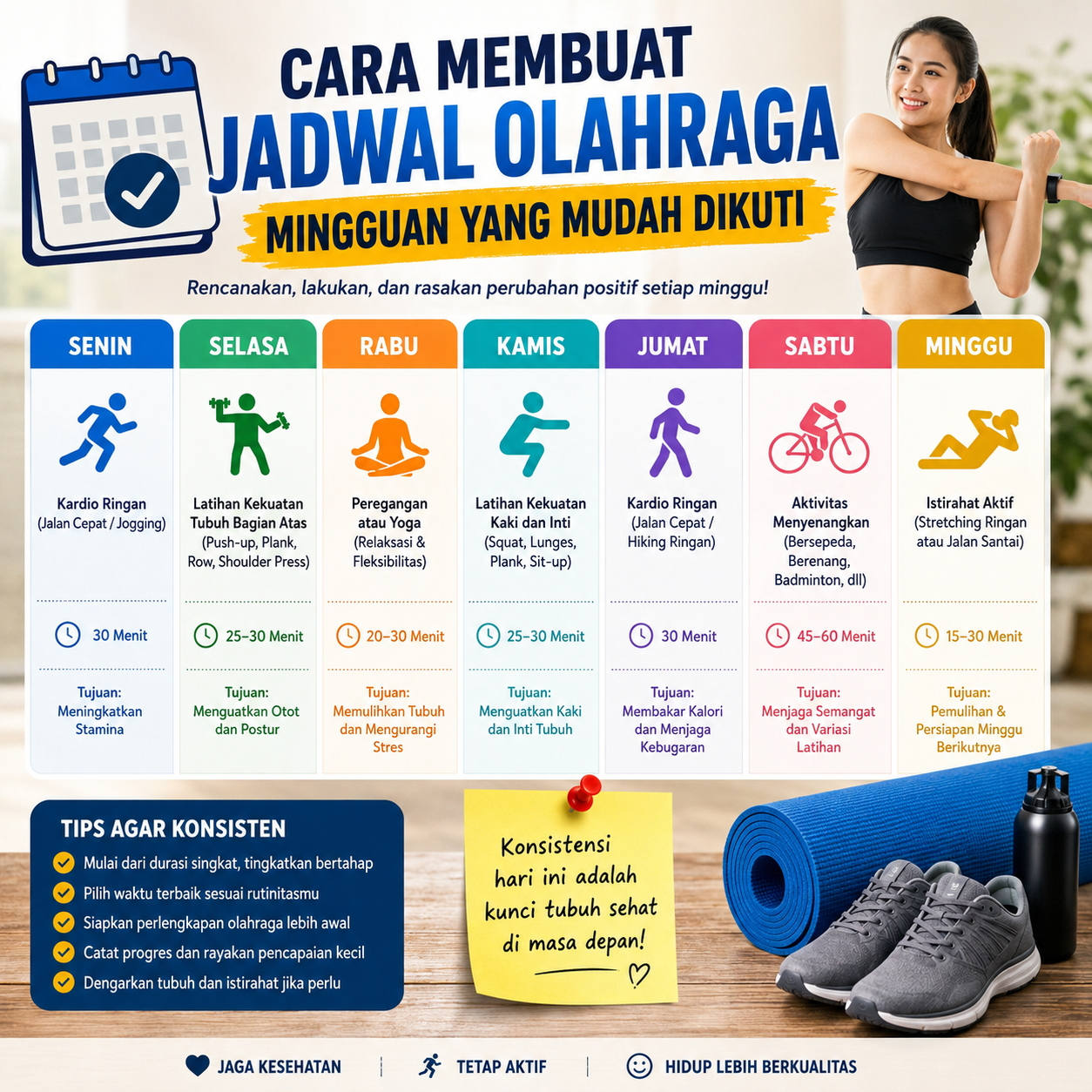 Buat jadwal olahraga mingguan yang mudah diikuti dengan tips sederhana agar tubuh tetap aktif, sehat, dan rutinitas latihan lebih konsisten.