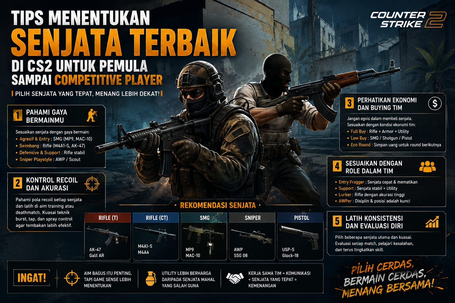 Tips menentukan senjata terbaik di CS2 untuk pemula sampai competitive player, mulai dari gaya bermain, kontrol recoil, ekonomi tim, hingga role saat match.