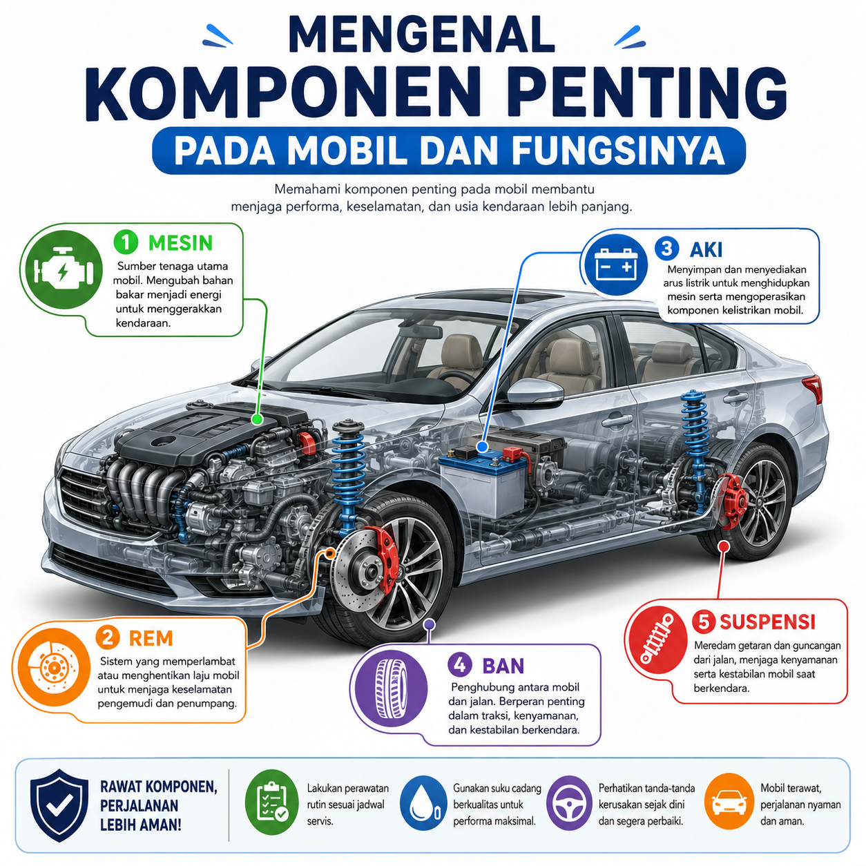 Ketahui komponen utama pada mobil seperti mesin, rem, aki, ban, dan suspensi agar lebih paham cara kerja kendaraan harian.